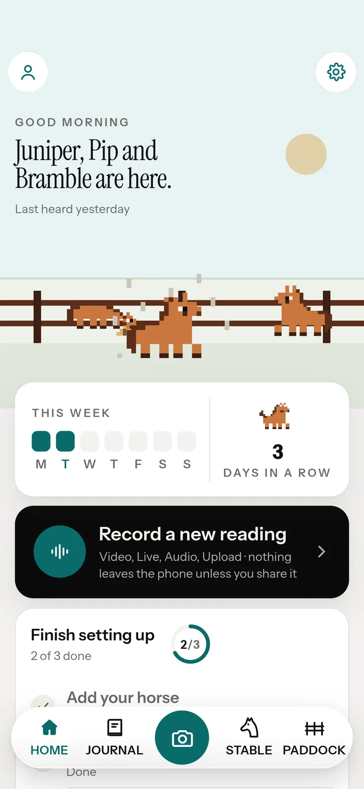 The Home screen of the Neigh app, with pixel horses at the fence.