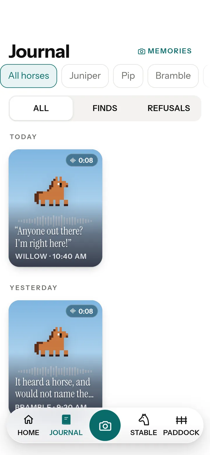 The Journal in the Neigh app, with kept readings for two horses.