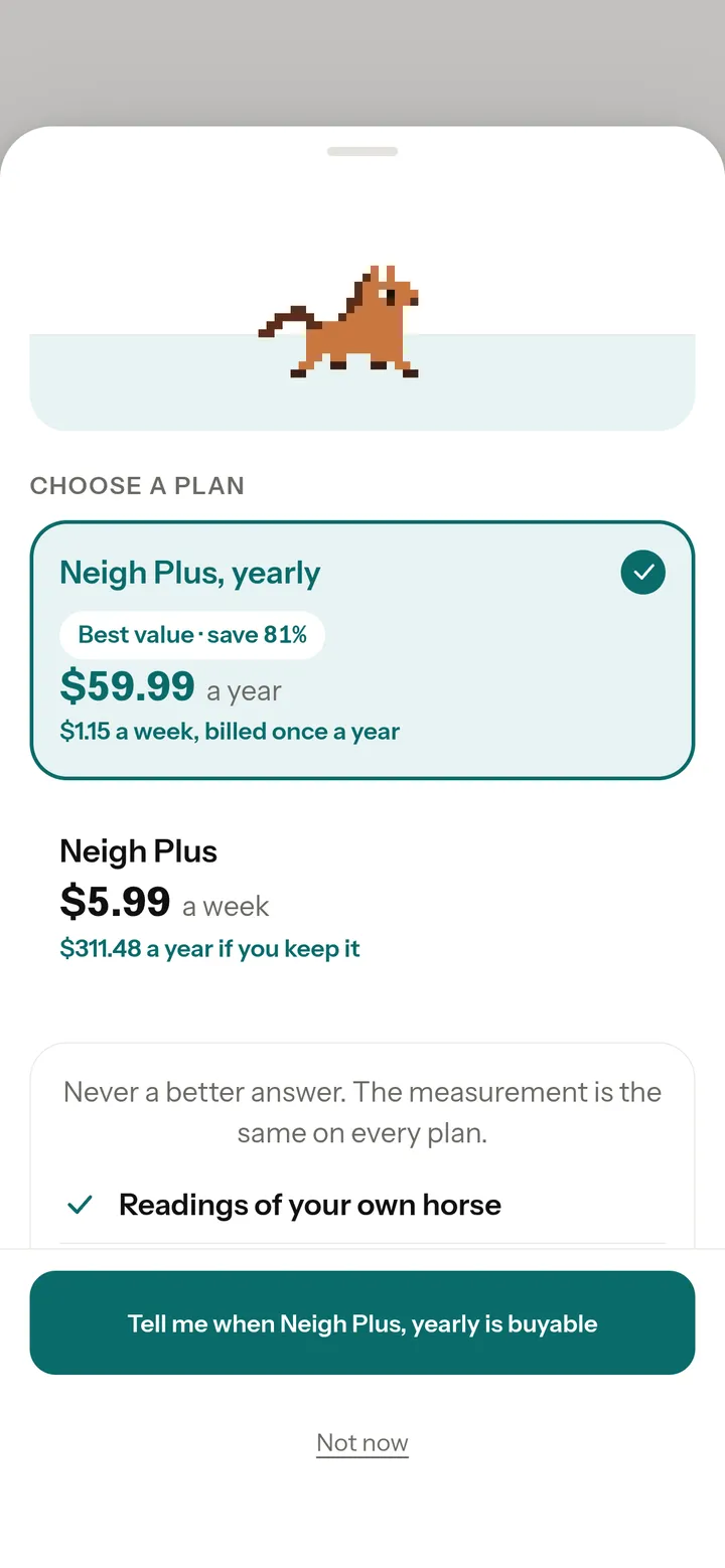 The Neigh Plus plan sheet in the app, with both plans and their prices.