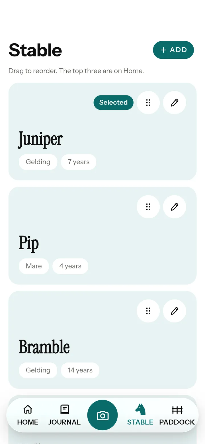 The Stable in the Neigh app: a card for each horse, with its sex and age.
